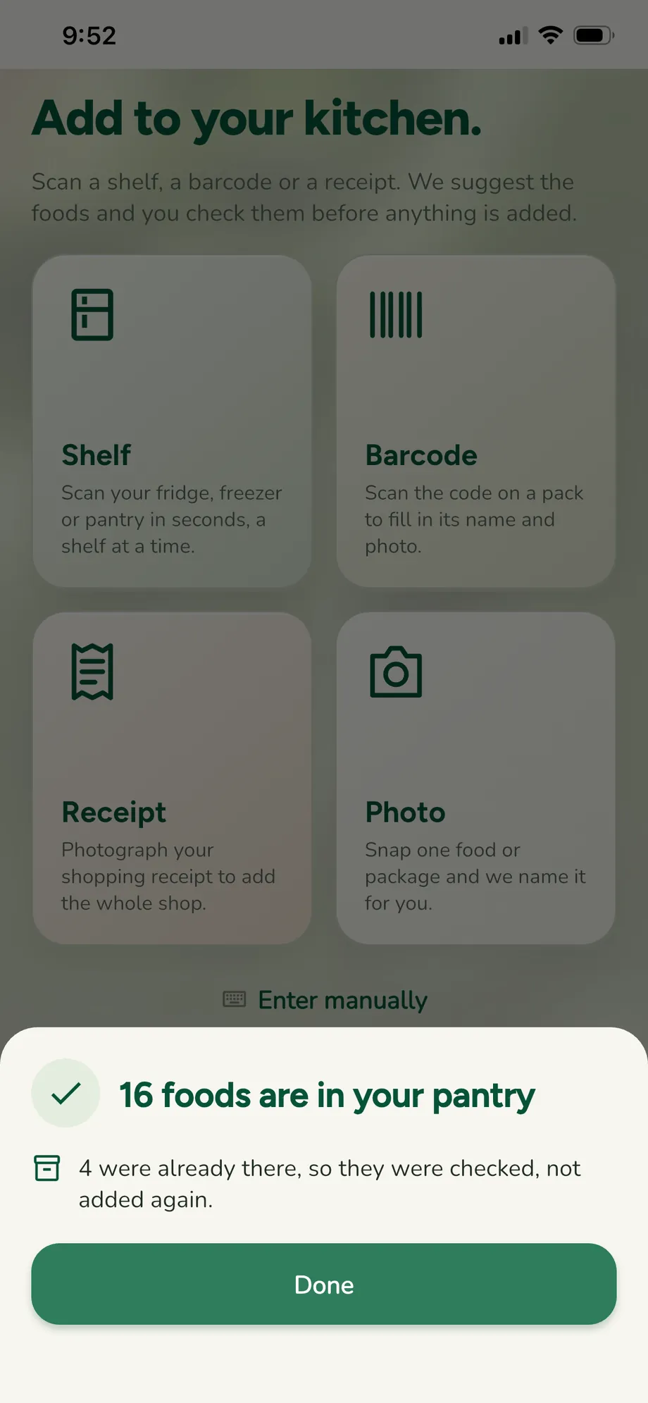 Add to your kitchen: shelf, barcode, receipt and photo, with what is already in the pantry underneath.