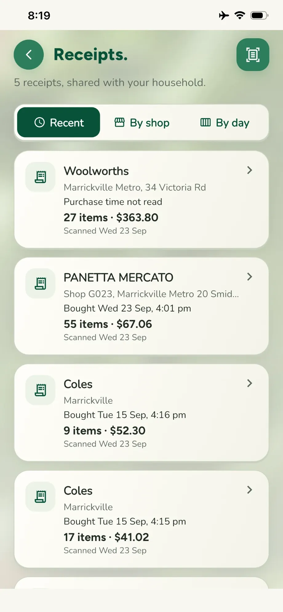 Receipts, newest first, with the shop, what it cost and how many things it held.
