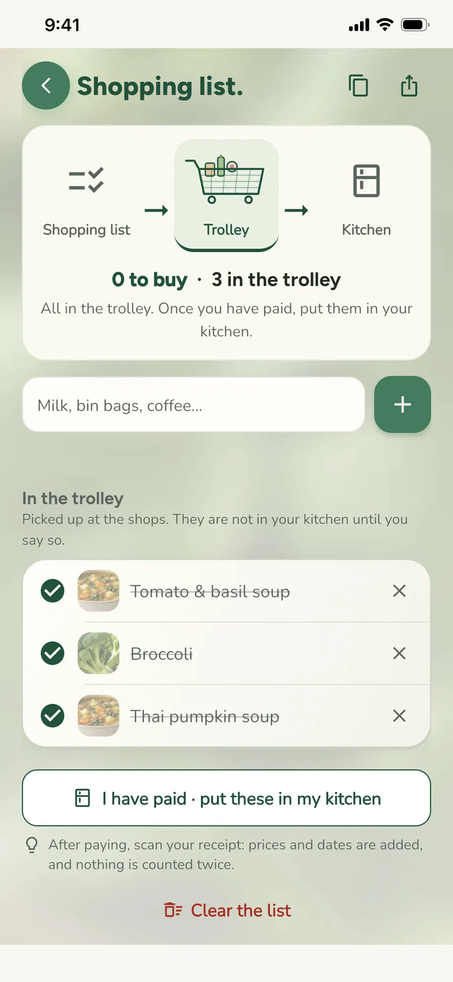 The shopping list, mid-shop: list, then trolley, then kitchen.