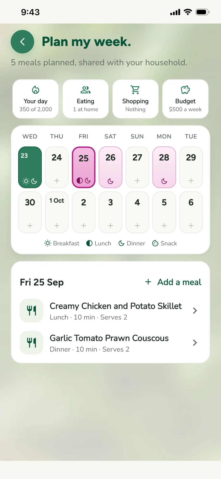 Plan my week: two weeks of days, with the meals for the chosen day underneath.