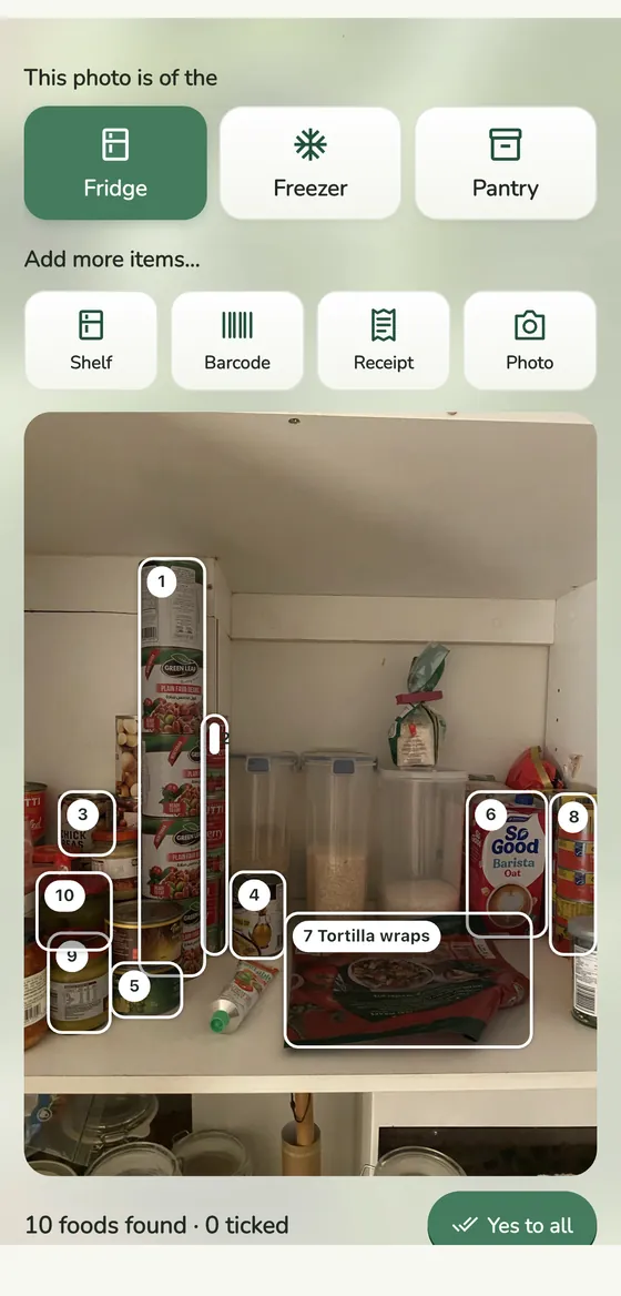 The app's shelf scanner finding ten foods in a pantry scan